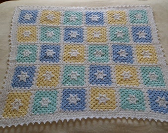 Sparkly Stars Handmade Crochet Patchwork Baby or Toddler Blanket Granny Squares in Yellow, Green and Blue