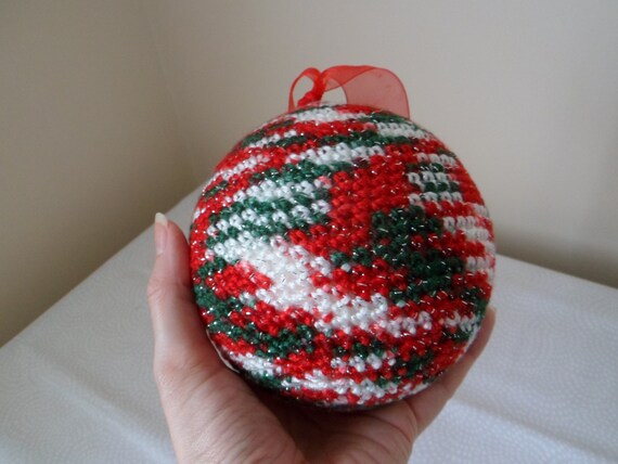 Extra Large Christmas Crochet Bauble Sparkly Red Green And White Ceiling Decoration