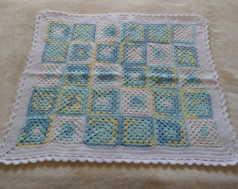 Hand Crocheted Granny Square Baby Blanket- Green, Blue, Yellow & White 24 inches x 27 inches