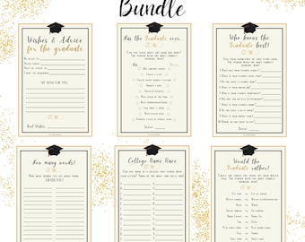 Puede incluir: Un conjunto de seis tarjetas de juego de fiesta de graduación imprimibles con detalles de purpurina dorada. Los juegos incluyen "Deseos y consejos para el graduado", "¿Alguna vez el graduado...", "¿Quién conoce mejor al graduado?", "¿Cuántas palabras?", "Carrera de nombres de universidades" y "¿Qué preferiría el graduado?"