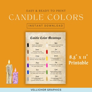 Tabela de significado de cores de velas, guia de cores mágicas de velas, velas mágicas, cores de velas de meditação, download instantâneo para impressão