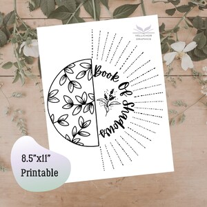 May include: Printable 8.5" x 11" black and white illustration of a half circle with a floral pattern and the text "Book of Shadows" with sun rays radiating from the circle.