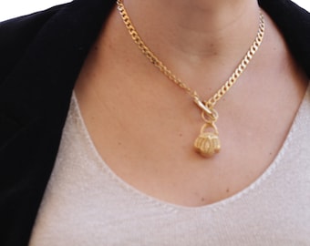 Chunky Gold Plated Basket Necklace: Statement Toggle Clasp Chain