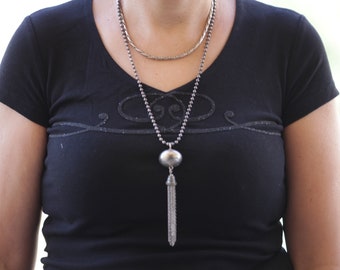 COLLANA LONG NAPPINE, Donna Lariat Antique Silver Chain Necklace, Boho Necklace, Ciondolo nappa, Boho Jewelry, Frange Collana Pendente