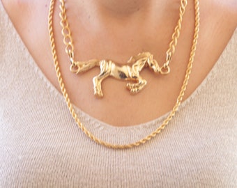 HORSE NECKLACE, Chunky Gold Horse Necklace, Layers Large Necklace, Vintage Style Horse Necklace,Animal Big Pendant,Statement Gold Rope Chain