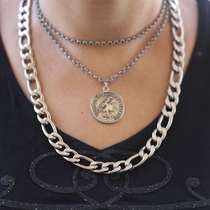 Silver Coin Medallion Necklace: Chunky Layered Statement Jewelry