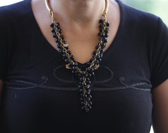 BLACK GOLD Y necklace, Black Crystals Beaded necklace, Statement Large Necklace,Evening Long necklace, Bunch of grapes necklace for Cocktail
