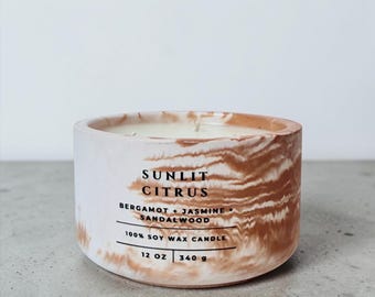 Sunlit Citrus Soy Candle – Bright, Fruity & Warm, Concrete Vessel, 2 Corinthians 5:7 Scripture Candle, Christian Gift