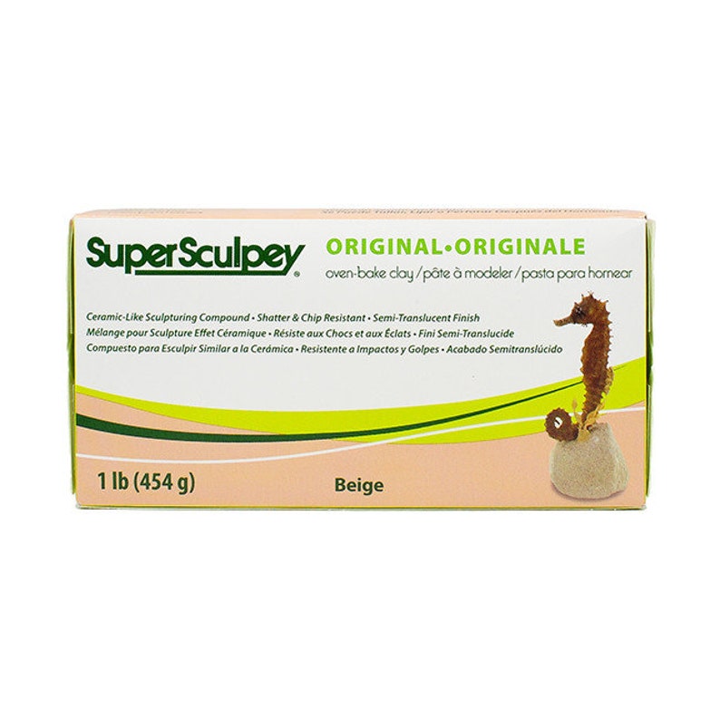May include: A beige 1 lb (454 g) package of Super Sculpey Original oven-bake clay. The package features a seahorse sculpture and the text "ORIGINAL ORIGINALE oven-bake clay/p&acirc;te &agrave; modeler/pasta para hornear".