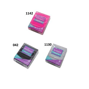 May include: Three packages of Sculpey III modeling clay. The packages are labeled with the brand name and the color of the clay. The colors are pink, black, and gray.