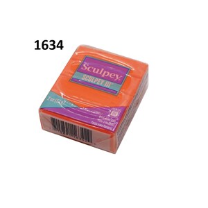 May include: A 2 ounce (57 gram) block of orange Sculpey III polymer clay. The packaging has the brand name Sculpey and the text "Sculpey III".