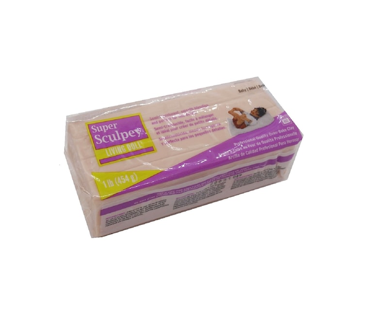 K&ouml;nnte beinhalten: Ein 454 g Block Super Sculpey Living Doll Polymer Clay in einer pink-violetten Verpackung. Die Verpackung tr&auml;gt den Text "Super Sculpey Living Doll" und "Professionelle Qualit&auml;t Backofen-Backton".