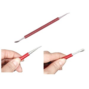 May include: Three metal sculpting tools with red and brown handles. The tools have different shaped tips for sculpting clay or other materials.