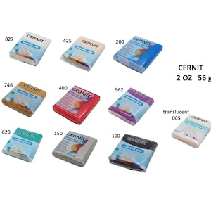 May include: Assortment of 10 different colors of polymer clay bars, each labeled "Cernit Number One" and with a number code. The clay bars are 2 ounces (56 grams) each.  A translucent white bar is also included, labeled "Cernit Translucent".