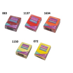 May include: Assortment of Sculpey brand polymer clay in various colors, including red, orange, yellow, and light brown. Each block of clay is labeled with the Sculpey logo and a product number.