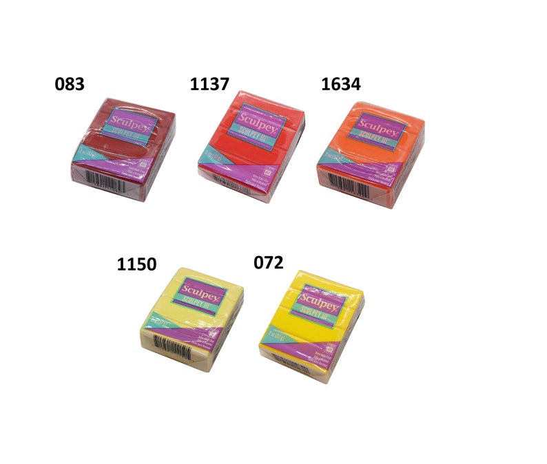 May include: Assortment of Sculpey brand polymer clay in various colors, including red, orange, yellow, and light brown. Each block of clay is labeled with the Sculpey logo and a product number.