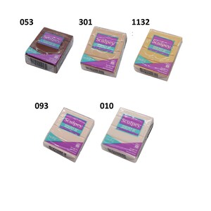 May include: Five different colors of Sculpey III polymer clay in individual packages. The colors are brown, beige, light yellow, light pink, and white. Each package is labeled with the Sculpey III logo and the color number.