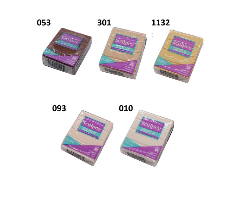May include: Five different colors of Sculpey III polymer clay in individual packages. The colors are brown, beige, light yellow, light pink, and white. Each package is labeled with the Sculpey III logo and the color number.