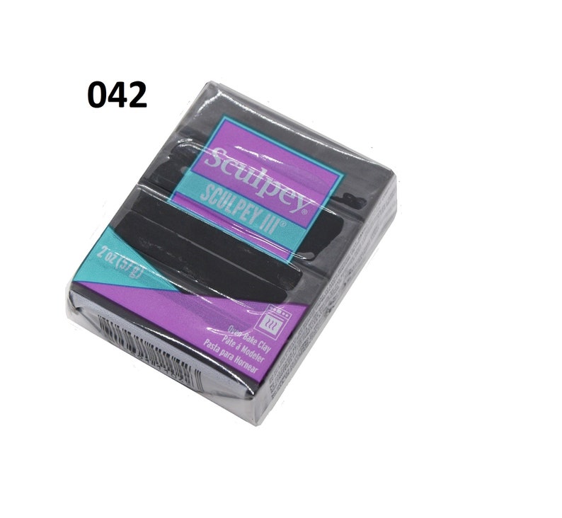 May include: A 2 ounce (57 gram) block of black Sculpey III oven-bake clay. The packaging has the brand name Sculpey and Sculpey III printed on it.