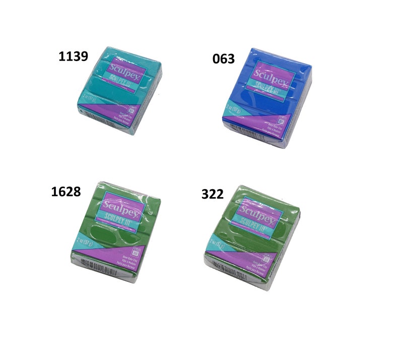 May include: Four packages of Sculpey III modeling clay. The packages are green, blue, teal, and dark green. Each package has the Sculpey III logo and the words "Sculpey III" printed on it.