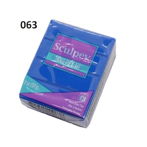 May include: A blue block of Sculpey III oven-bake clay, weighing 2 ounces (57 grams). The packaging features the Sculpey logo and instructions for using the clay.