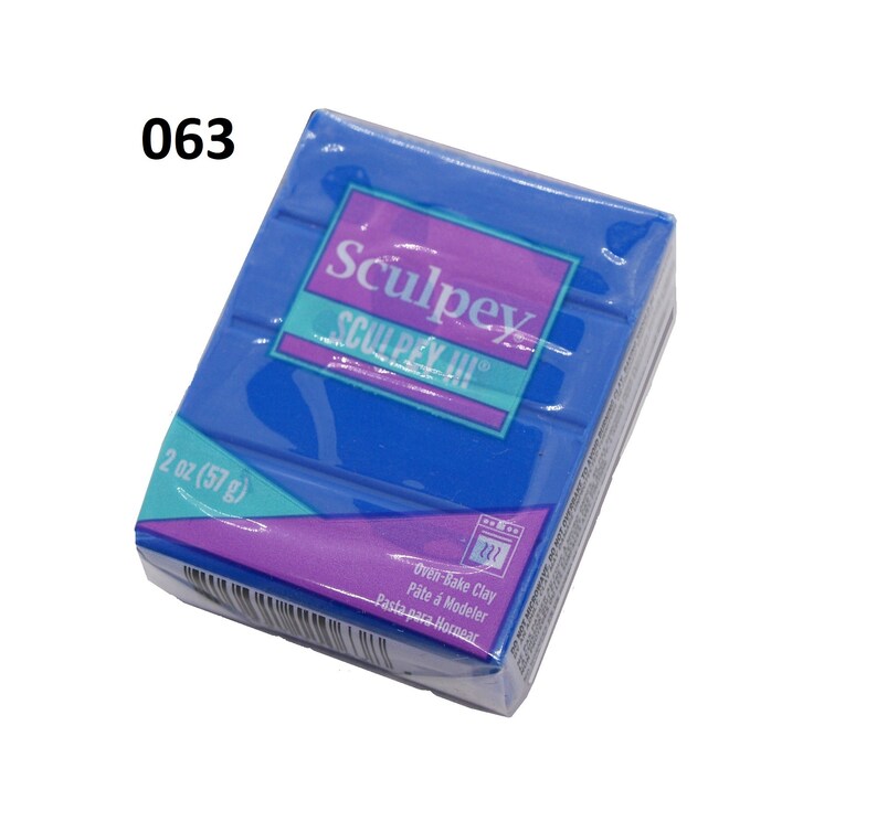 May include: A blue block of Sculpey III oven-bake clay, weighing 2 ounces (57 grams). The packaging features the Sculpey logo and instructions for using the clay.
