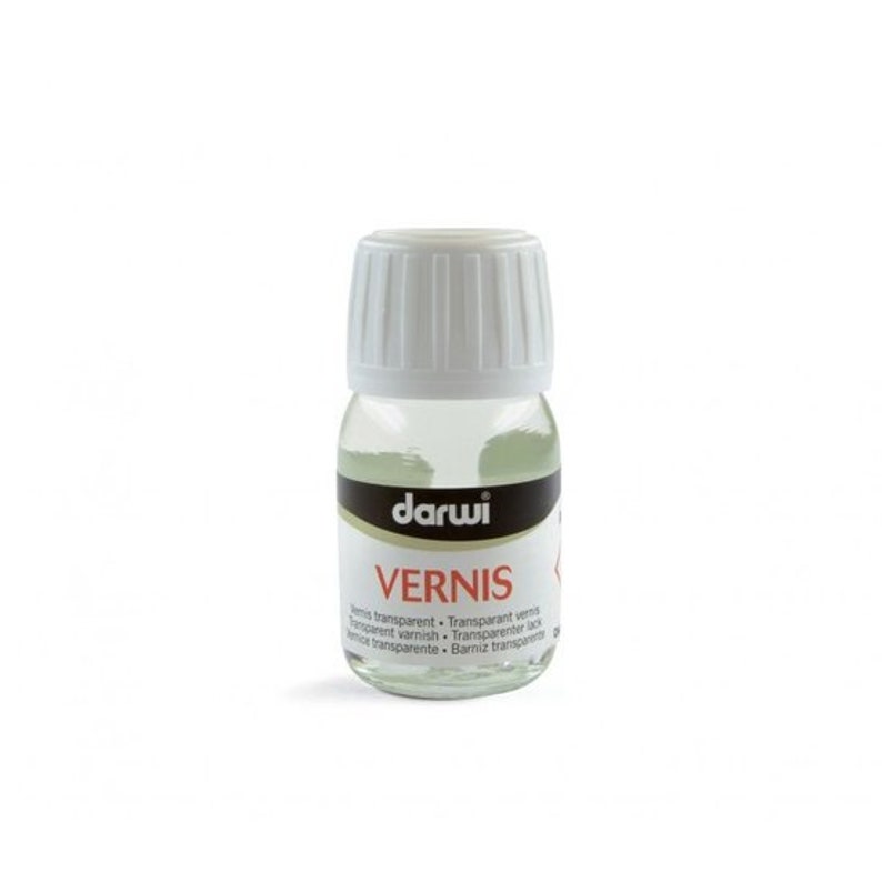 May include: A clear glass bottle with a white cap, labeled "Darwi Vernis". The bottle contains a transparent liquid and is labeled in multiple languages, including "Transparent varnish" and "Barniz transparente".