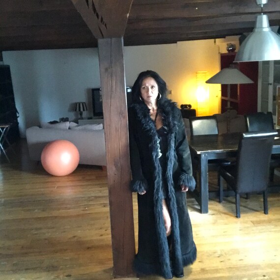Black Suede Maxi Coat with Fake Fur Lining