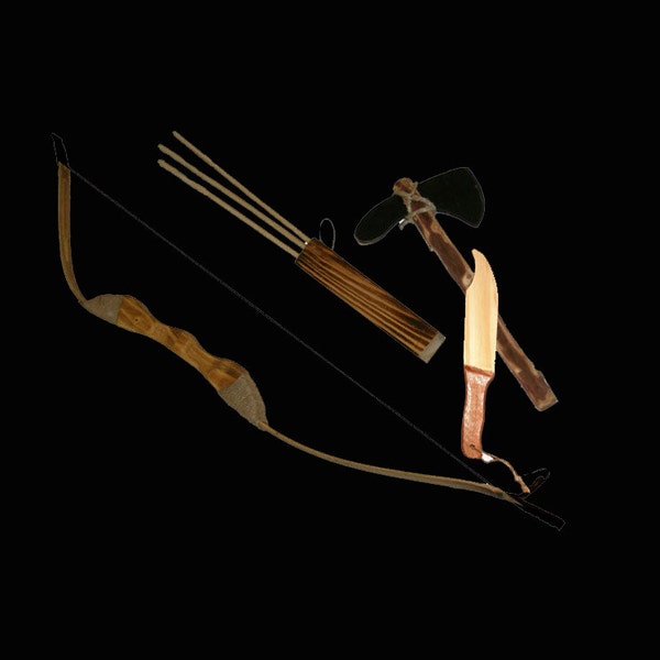Bow and Arrow Combination Set; Wooden Archery Set; Childrens wooden bow and arrow; Tomahawk, Knife; Kids Hunting set; Kids youth toy set;