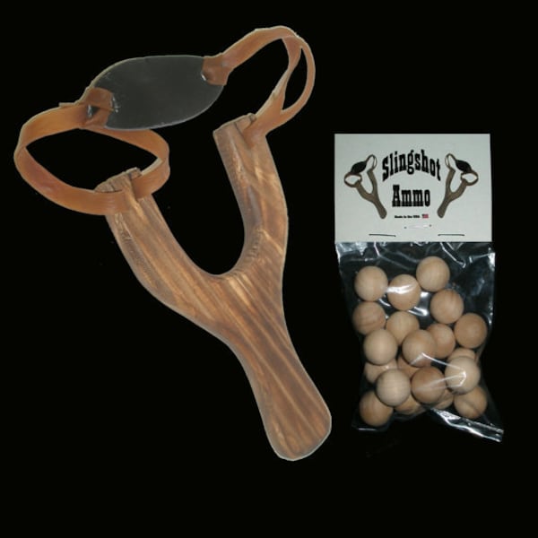 Wooden Slingshot Catapult and Ammo Hand Made Classic Style; Traditional Wooden Slingshot; Hand Made Sling Shot Rubber Band and Leather; Ammo