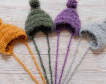Knit Newborn Bonnet with Pompon & Braids, Photo Prop