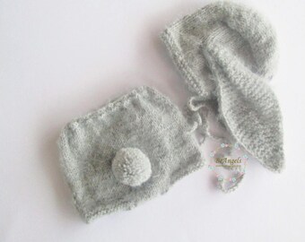 Hand-Knit Polyacrylic Bunny Hat and Shorts | Sitter Photo Prop