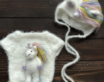 Unicorn newborn props: hat, romper and toy