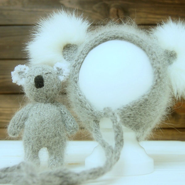 Newborn koala photo prop set Fluffy newborn koala bonnet and doll Newborn girl boy  photo outfit Koala bear newborn prop