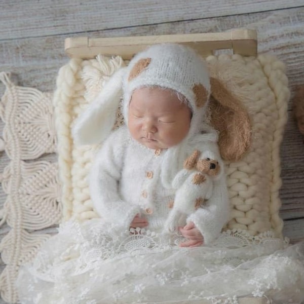 Knit newborn puppy outfit  Knitted  newborn sleeper, bonnet and dog doll Footed pajamas  Newborn puppy prop Newborn boy photo outfit