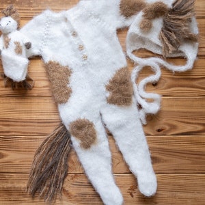 Knit newborn horse outfit  Knitted  newborn sleeper, bonnet and horse doll Footed pajamas  Newborn horse prop Newborn boy photo outfit