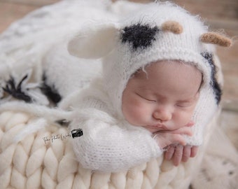 Knit cow toy Newborn photo prop for girl and boy Stuffed Farm Animals Cow Photo Prop  Cow stuffie Cow Photo  Toy Knitted  toy Baby shower