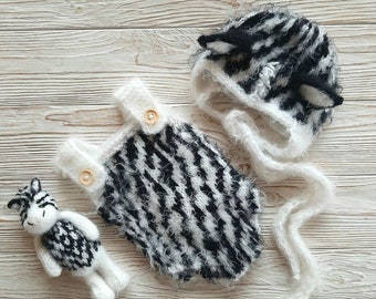Knit Zebra Newborn Outfit, Photo Prop Romper, Animal Toy Set