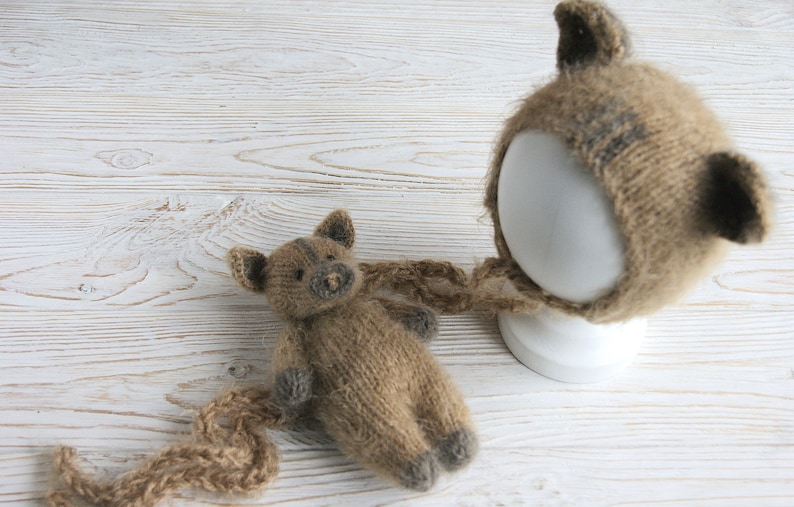 Knit boar toy Newborn photo toy Newborn props toy Bonnet and toy Newborn Photo Prop Wild Boar Set of 2pcs