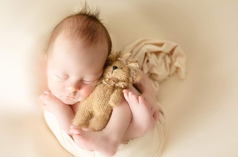 Puede incluir: Un beb&eacute; reci&eacute;n nacido duerme pl&aacute;cidamente envuelto en una manta de color crema y sosteniendo un animal de peluche de punto marr&oacute;n.