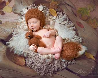 Hand Knit Newborn Fox Bonnet, Toy and Tail Set, Photo Prop