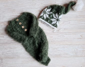 Knit newborn Christmas outfit with long hat and romper
