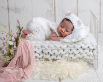 Knitted Newborn Romper and Bonnet, Bear Bunny Outfit, Photo Prop