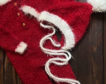 Christmas Newborn Knit Romper Set, Pom Pom Hat, 100% Cotton
