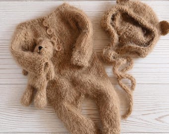 Newborn Bear Outfit | Knit Bonnet, Romper & Toy Photo Prop