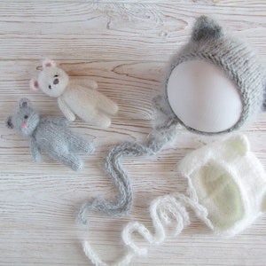 Newborn kitty bonnet and mouse doll Cat hat and mouse Newborn fuzzy bear hat| Fluffy kitten hat| Baby kitty hat | Knit kitty bonnet