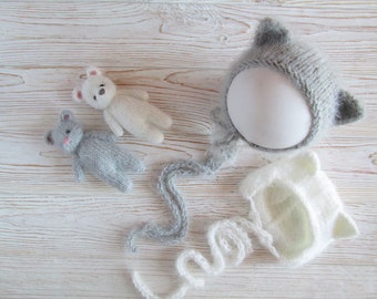 Newborn Knit Kitty Bonnet and Mouse Doll | Photography Prop