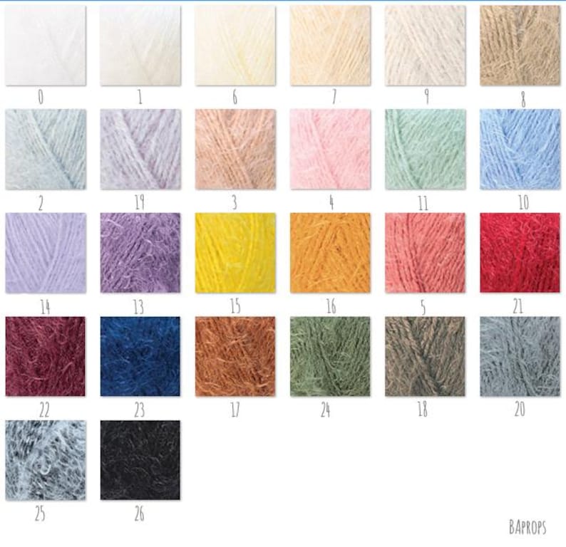 May include: A color chart of 26 yarn colors, including white, light blue, lavender, yellow, orange, pink, green, red, brown, blue, gray, and black.