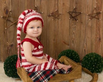 Hand-Knit Christmas Romper Sitter Outfit | Baby Santa Prop