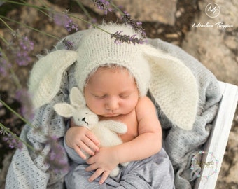 Hand-Knit Fuzzy Bunny Bonnet and Toy | Newborn Photo Prop
